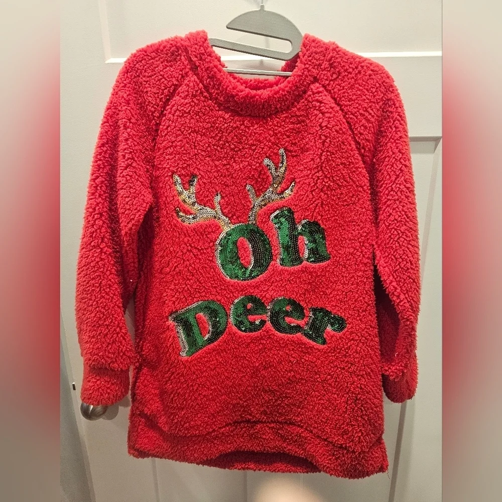 Joyland Women’s Small Red Sherpa Pullover “Oh Deer” Christmas Sweater Sequin Hol